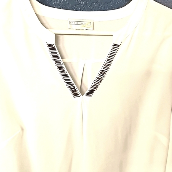 NWOT CREATION L - white long sleeved V Neck blouse w metallic decor 12 - Picture 2 of 11